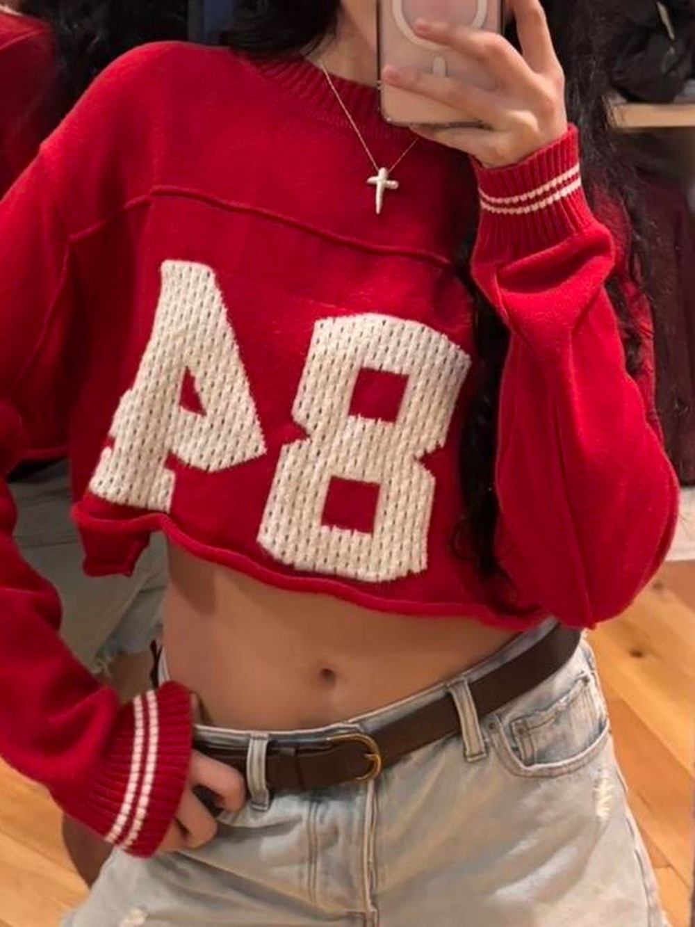 Red Cropped Knit Sweatshirt Sweater with White '84' Jersey Graphic